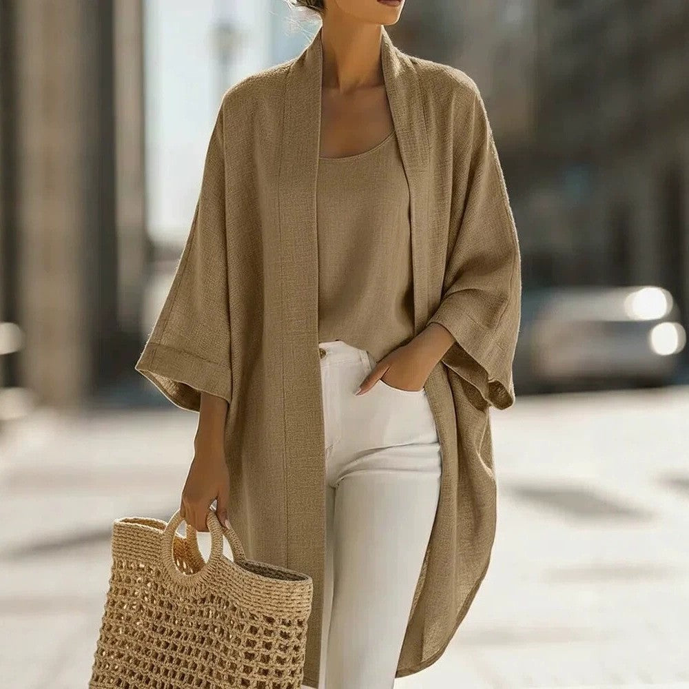 Women's Linen Blend Kimono Cardigan Tank 2 Piece Set