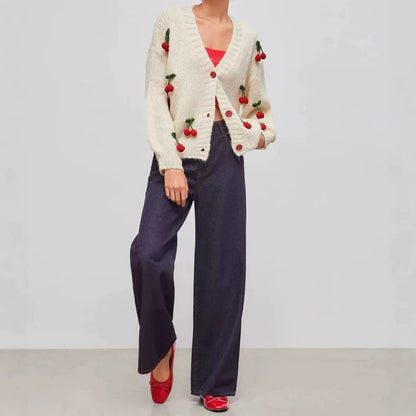 Women's 3D Cherry V-Neck Cropped Knit Cardigan