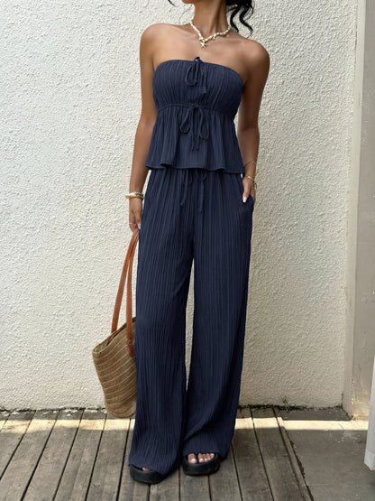 Navy Strapless Ruffle Top & Wide Leg Pants Two Piece Set