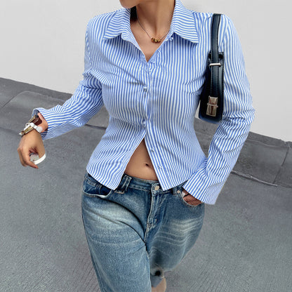 Blue Stripe Button Down Fitted Shirt Chic Long Sleeve Top
