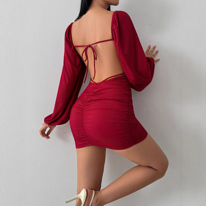 Burgundy Square Neck Long Sleeve Ruched Bodycon Mini Dress