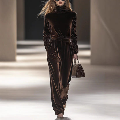 Women's Velvet Turtleneck Two Piece Pants Set Casual