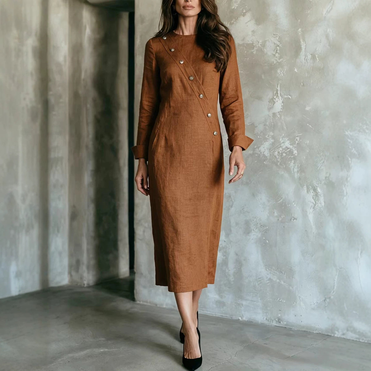 Women's Elegant Asymmetric Button Long Sleeve Midi Dress