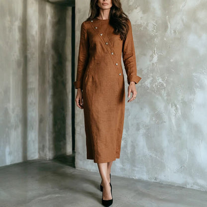 Women's Elegant Asymmetric Button Long Sleeve Midi Dress