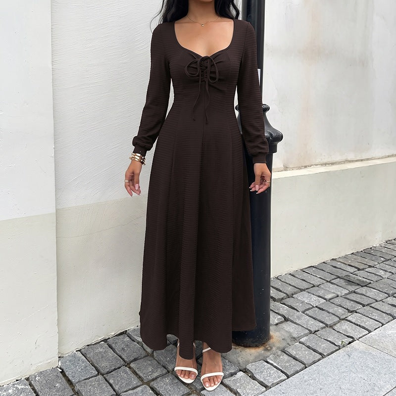 Women Square Neck Tie Front Long Sleeve Maxi Dress A-Line