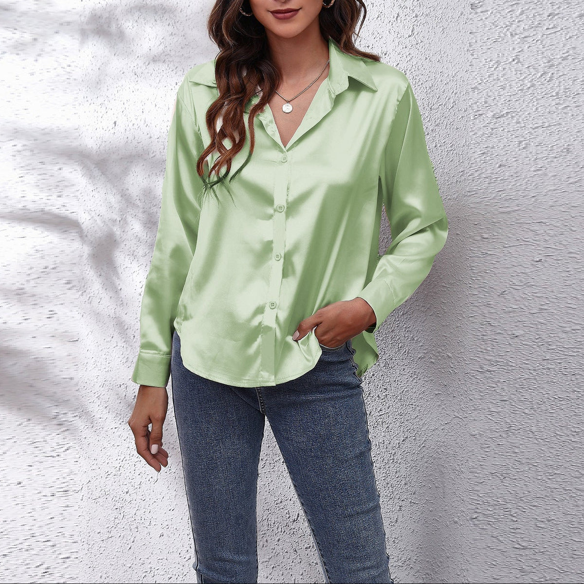Women's Satin Long Sleeve Button Down Collared Blouse