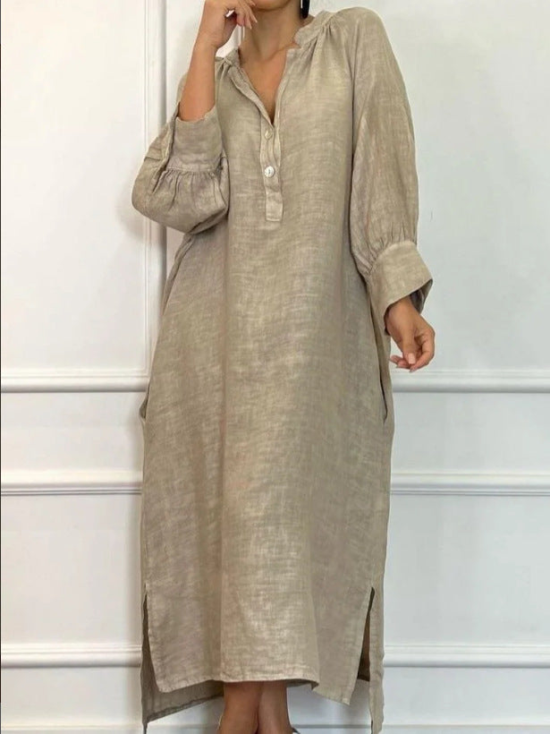 Linen Blend Long Sleeve Button Down Maxi Dress Pockets
