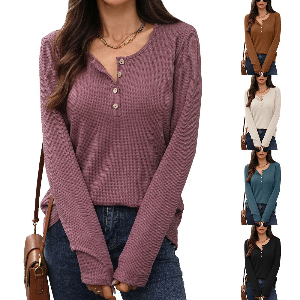 Women's Waffle Knit Henley Long Sleeve Loose Tunic Top