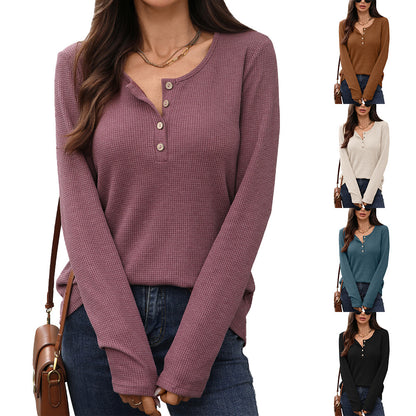 Women's Waffle Knit Henley Long Sleeve Loose Tunic Top