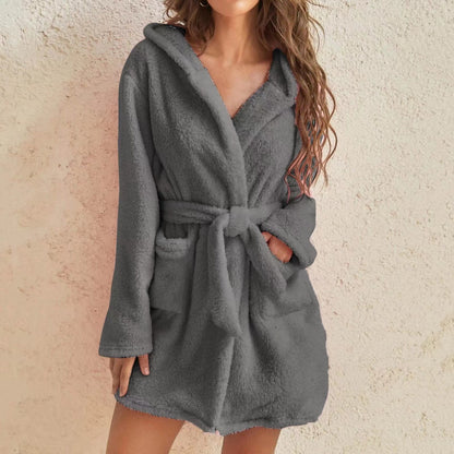 Womens Hooded Plush Fleece Robe Soft Warm Winter