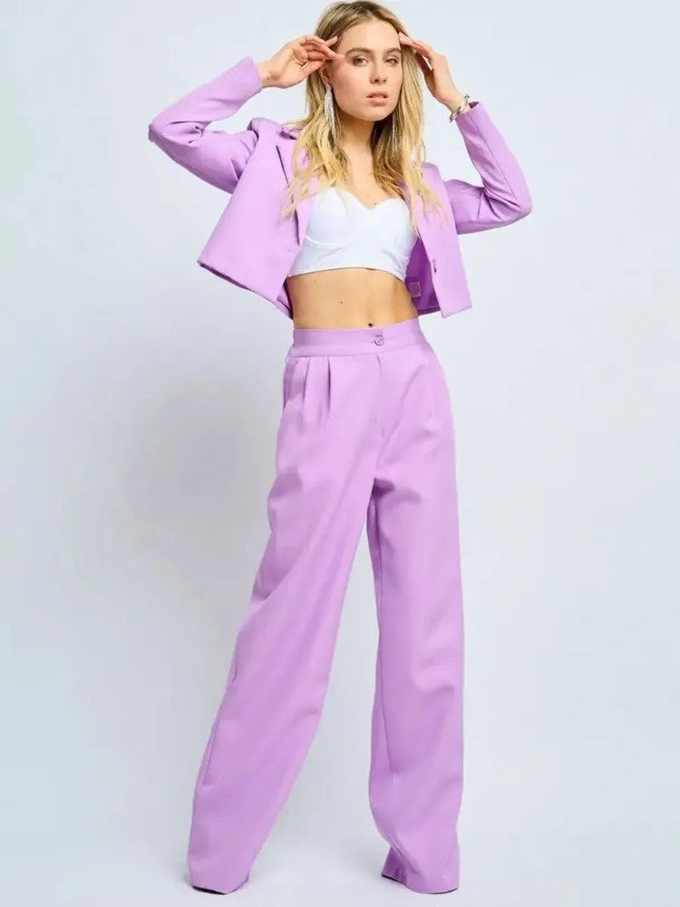Women's Cropped Blazer Wide Leg Pants 2 Piece Set