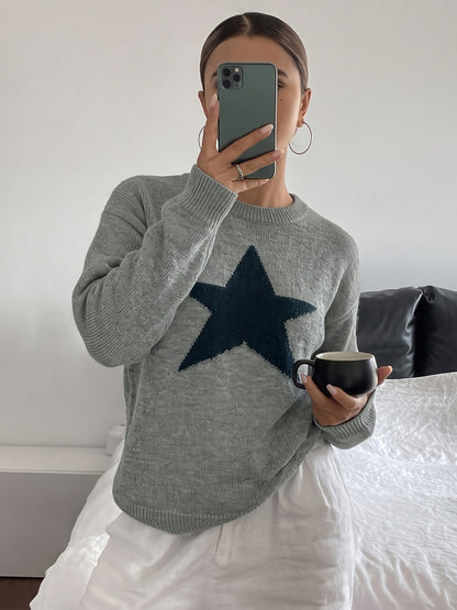 Women's Oversized Star Crew Neck Knit Sweater