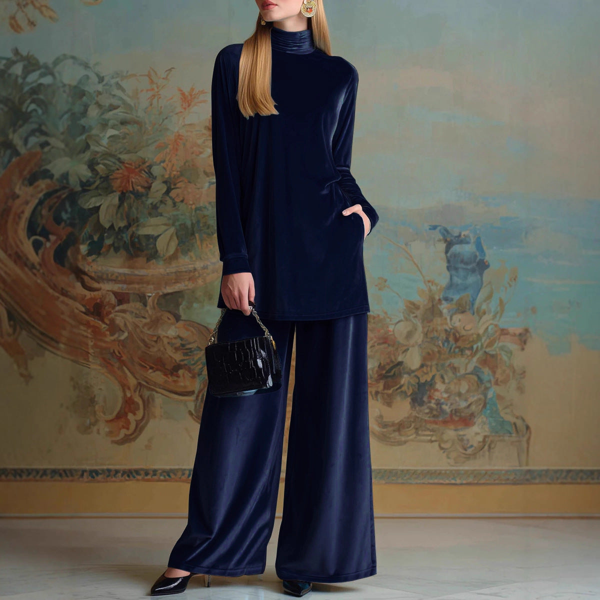 Velvet Turtleneck Wide Leg Pants Lounge Set