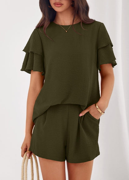 Solid Lounge Set Ruffle Sleeve Top Shorts 2 Piece Set