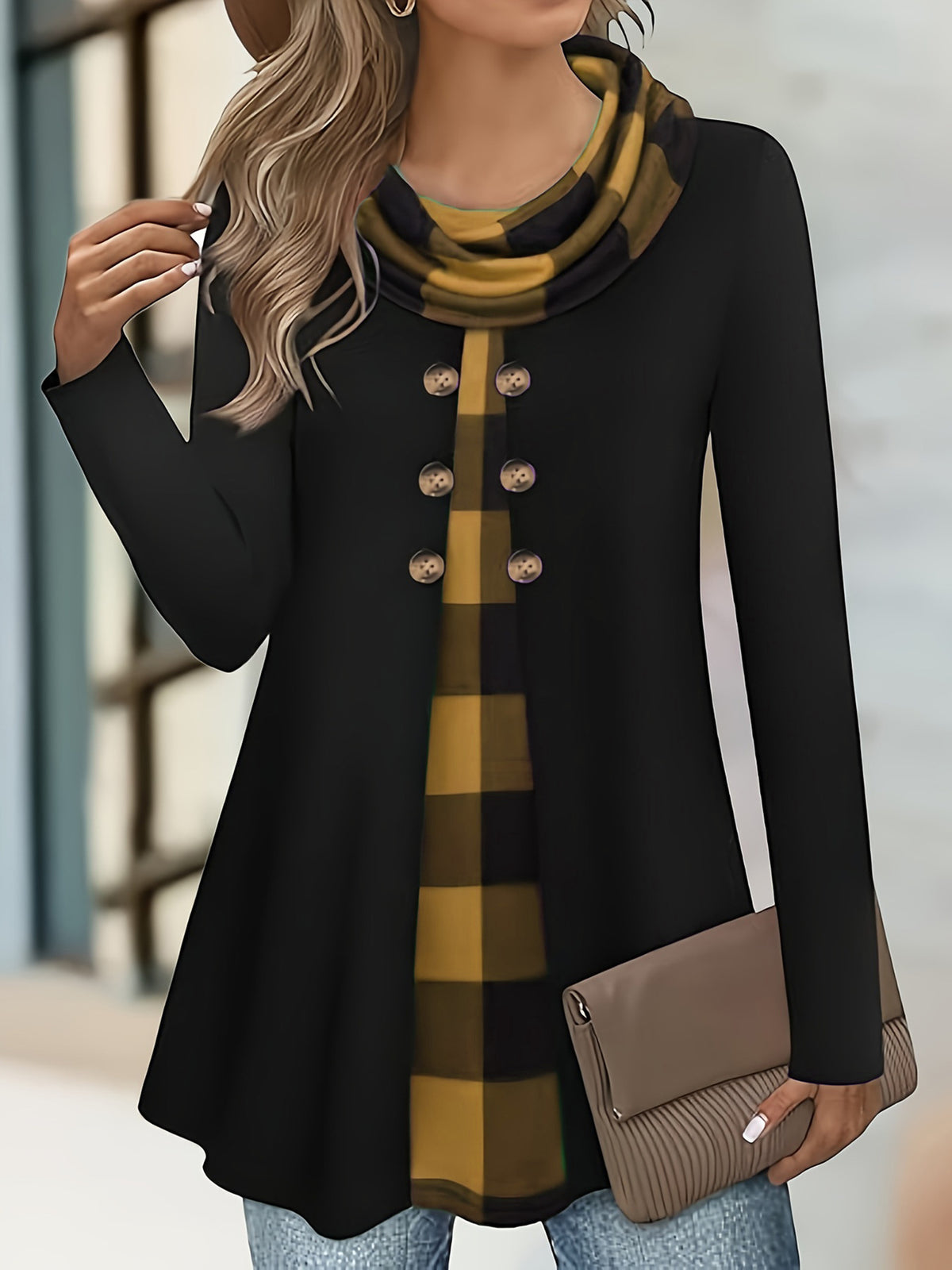 Women's Plaid Cowl Neck Tunic Sweatshirt Buttons