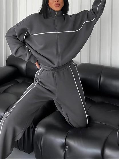 Womens Two Piece Striped Zip Up Sweatshirt Pants Set