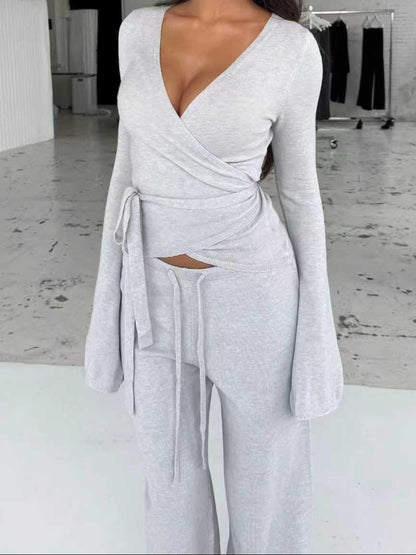 Women's Two Piece Bell Sleeve Wrap Top Wide Leg Pants Set