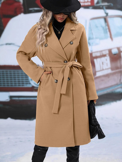 Women's Belted Double Breasted Long Wool Blend Coat
