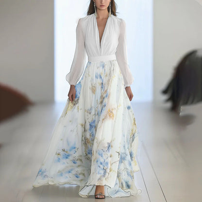 Floral Chiffon Maxi Dress Long Sleeve V-Neck Belted