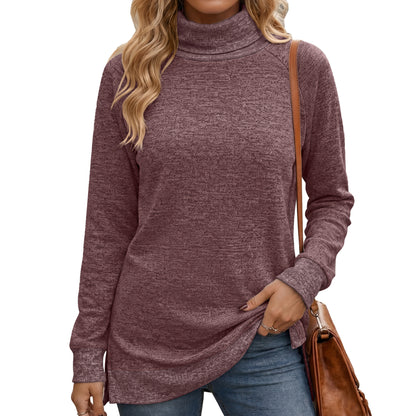 Color Block Turtleneck Long Sleeve Side Slit Tunic Top