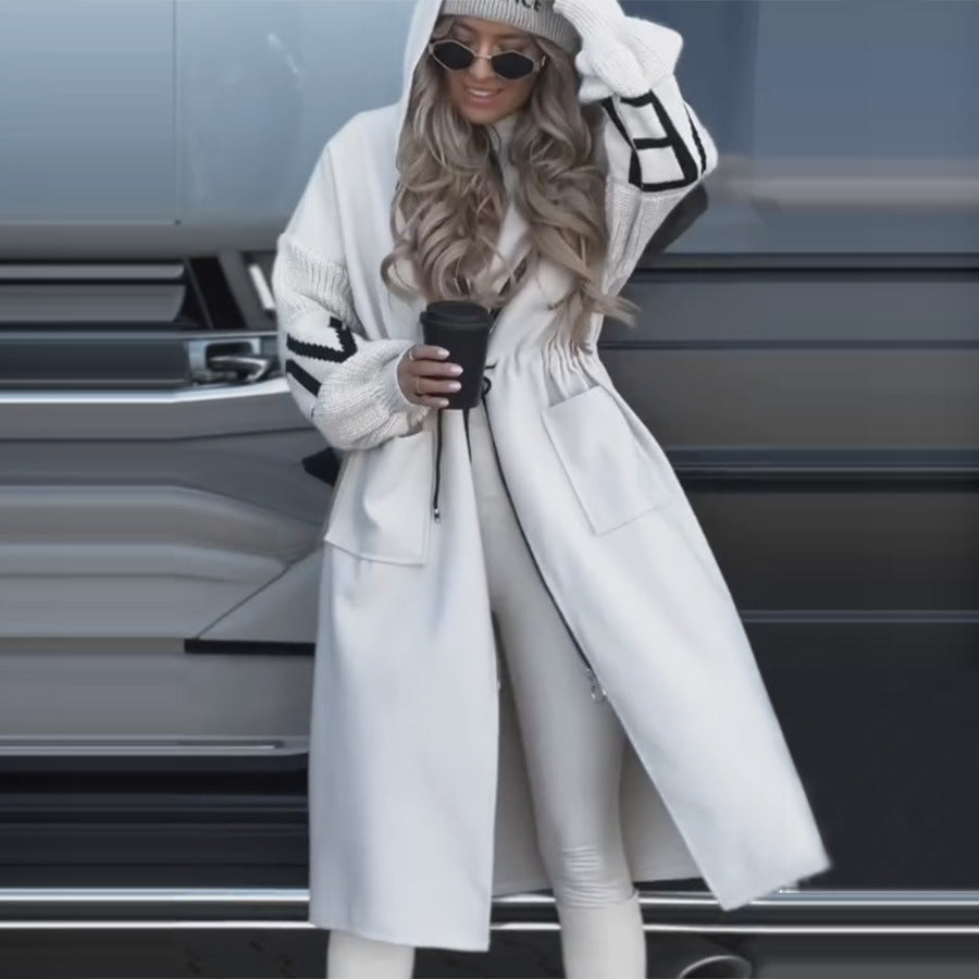 Women's Hooded Long Patchwork Knit Sleeve Jacket