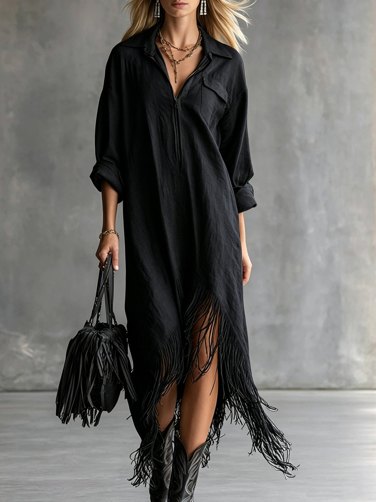 Women's Western Fringe Shirt Dress Asymmetrical Midi Boho