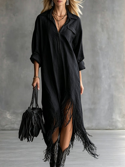 Women's Western Fringe Shirt Dress Asymmetrical Midi Boho