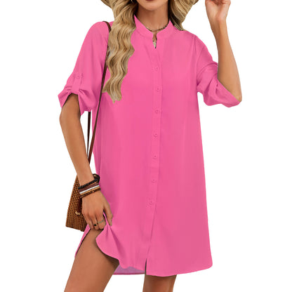 V Neck Button Down Shirt Dress Midi Casual Summer Dress
