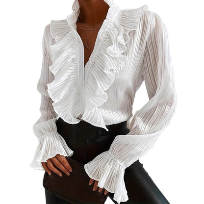 White Ruffle Blouse Bell Sleeve Button Up Top