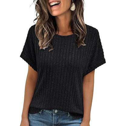 Women's Ribbed Crew Neck Short Sleeve Loose Fit T-Shirt