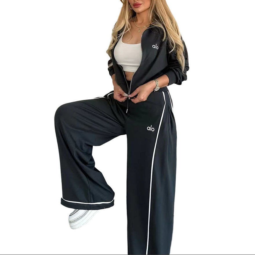 Women's 2 Piece Tracksuit Embroidered Wide Leg Pants Set