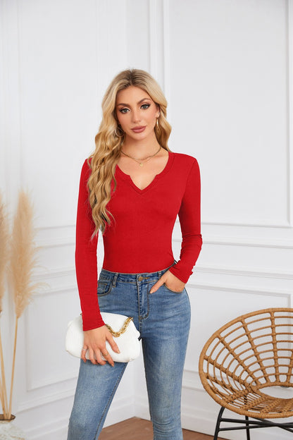 Ribbed Deep V Neck Slim Fit Long Sleeve Tee