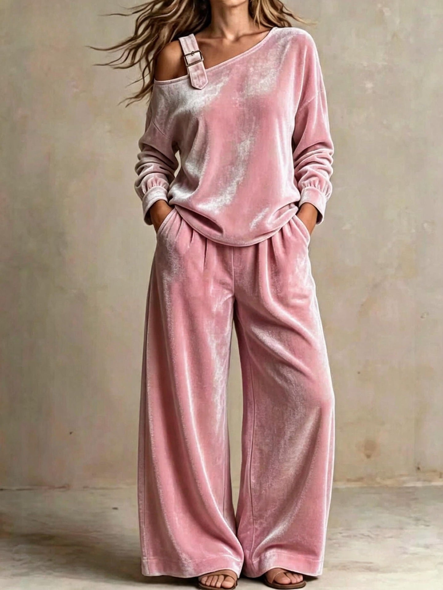 Women's Velvet One Shoulder Two Piece Set Wide Leg Pants
