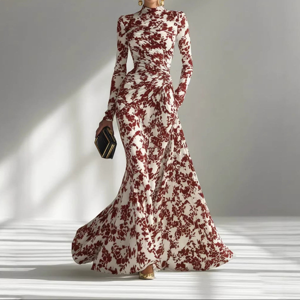 Women's Elegant Floral Ruched Long Sleeve Maxi Dress