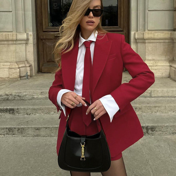 Women's Red 2 Piece Blazer Shorts Set with Tie