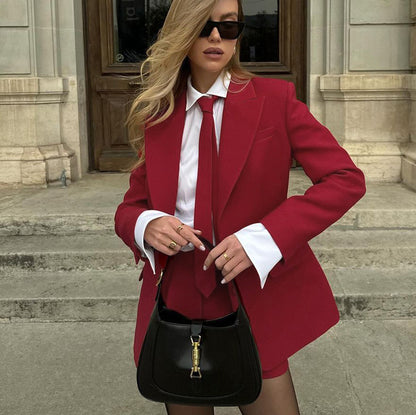 Women's Red 2 Piece Blazer Shorts Set with Tie
