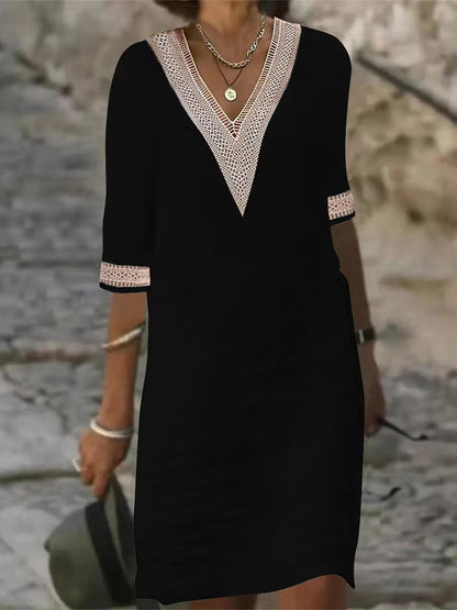 Women's Cotton Linen V-Neck Lace Trim Casual Midi Dress