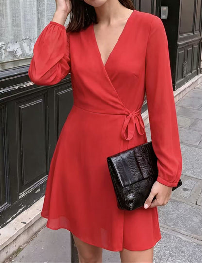 V-Neck Wrap Dress Long Puff Sleeve Tie Waist A-Line