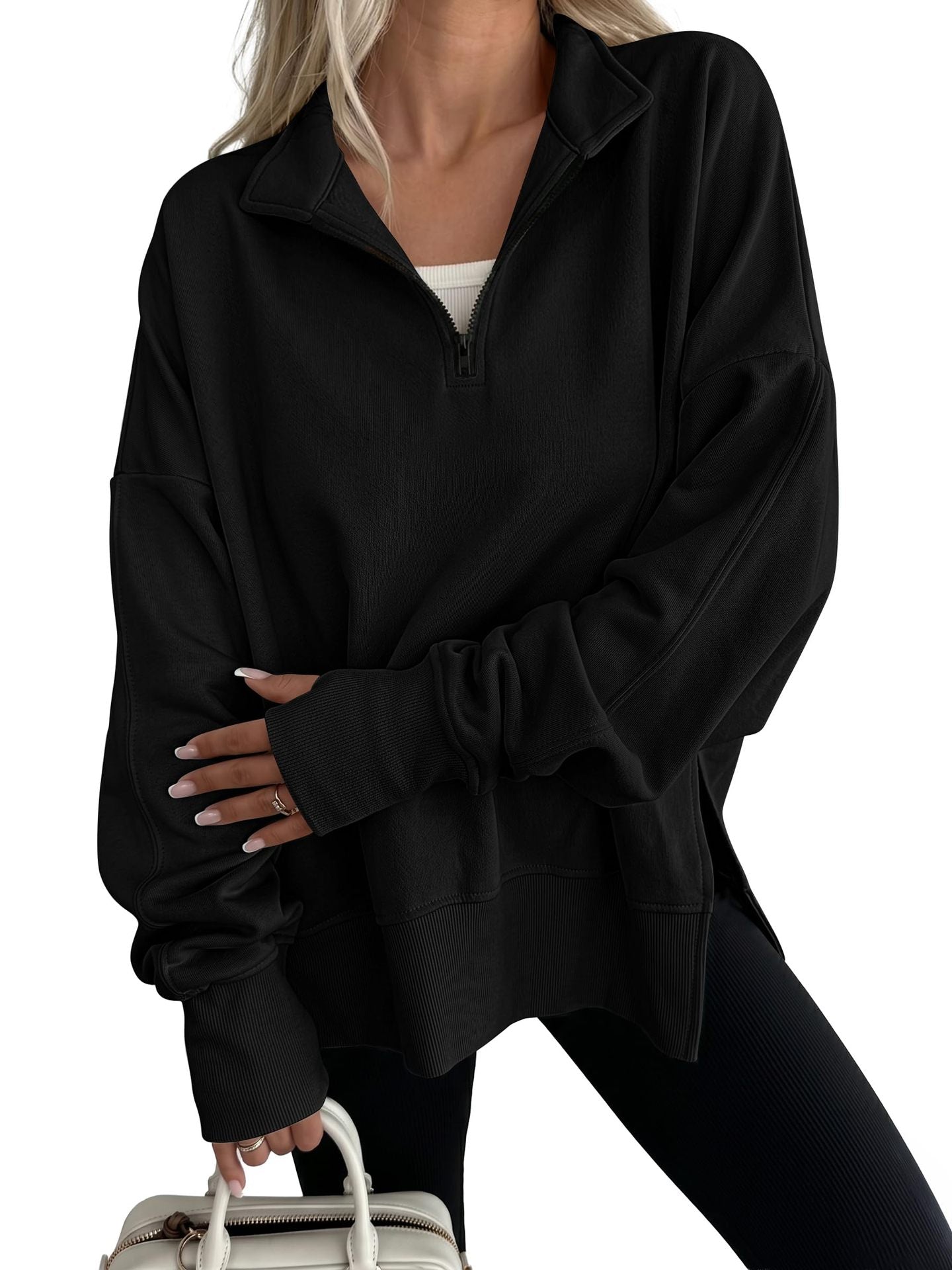 Women's Oversized Quarter Zip Sweatshirt Side Slit Pullover