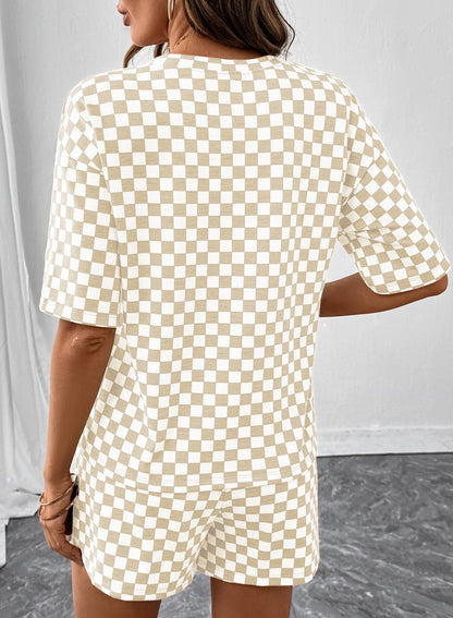 Rose Red Checkerboard Tee and Drawstring Shorts Set
