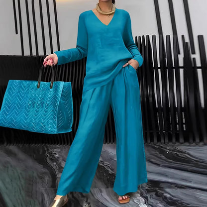 Women's Casual V-Neck Wide Leg Pants 2 Piece Matching Set