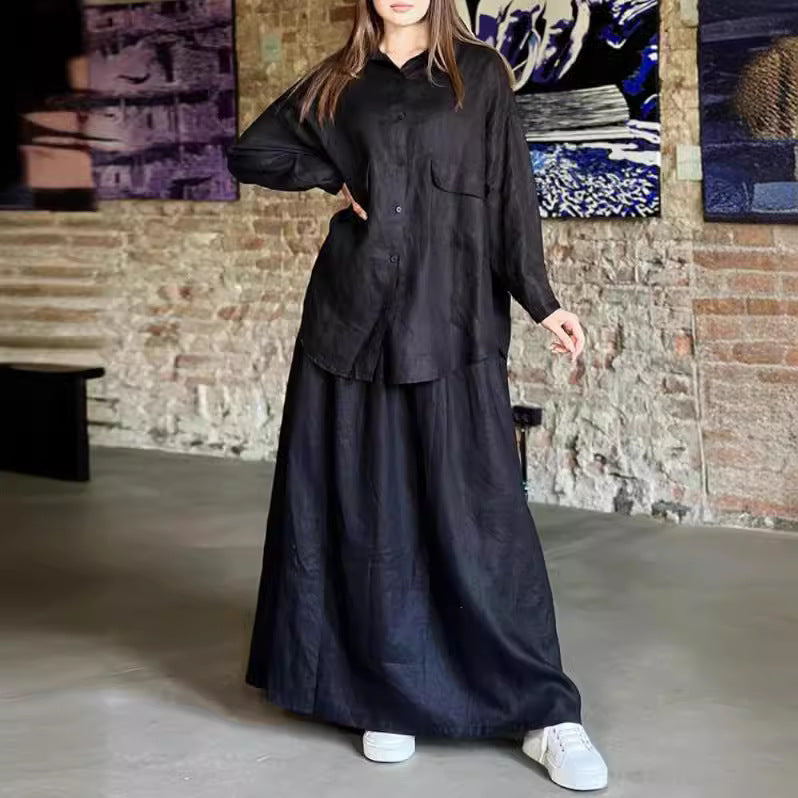 Plus Size Cotton Linen Button Shirt Long Skirt Set