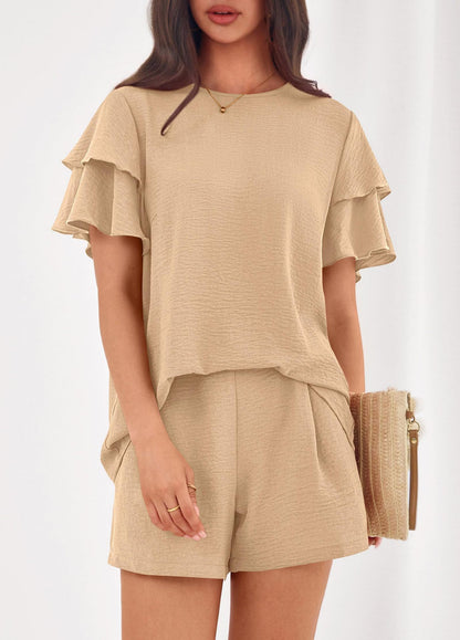 Solid Lounge Set Ruffle Sleeve Top Shorts 2 Piece Set
