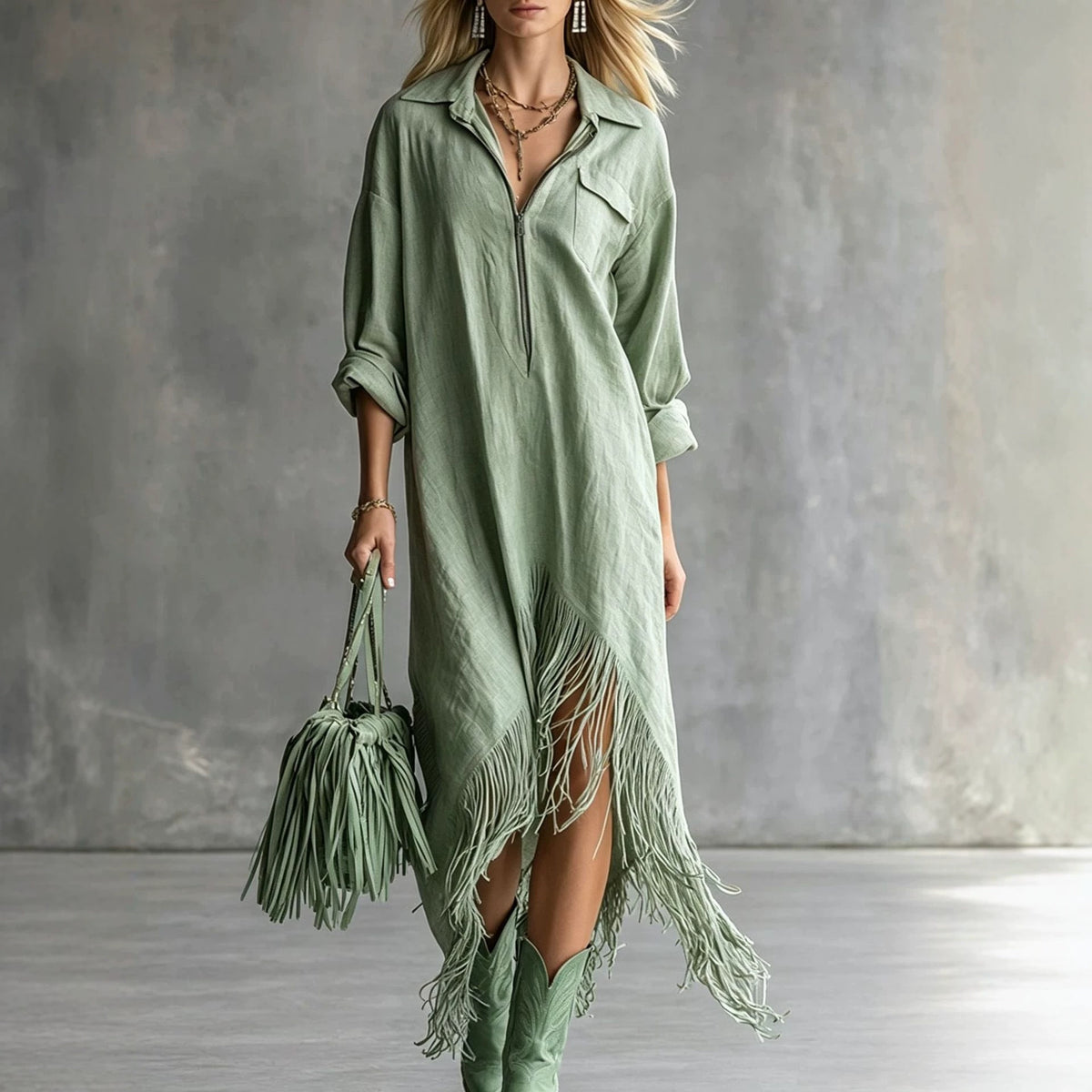 Women's Western Fringe Shirt Dress Asymmetrical Midi Boho
