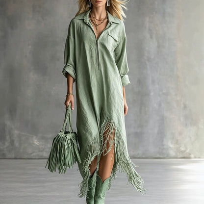 Women's Western Fringe Shirt Dress Asymmetrical Midi Boho