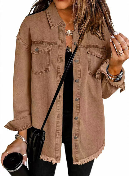 Women's Oversized Denim Shacket Frayed Hem