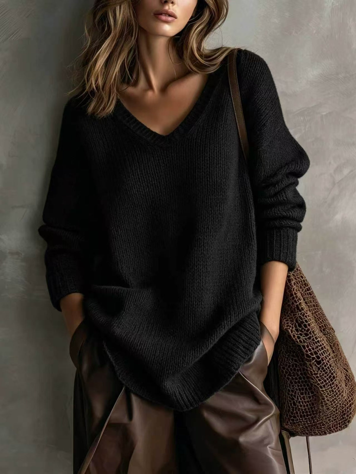 Women's V-Neck Knit Pullover Sweater Long Sleeve Casual