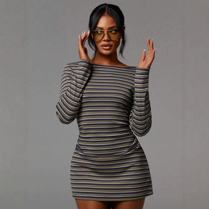 Striped Mesh Mini Dress Long Sleeve Bodycon Boat Neck