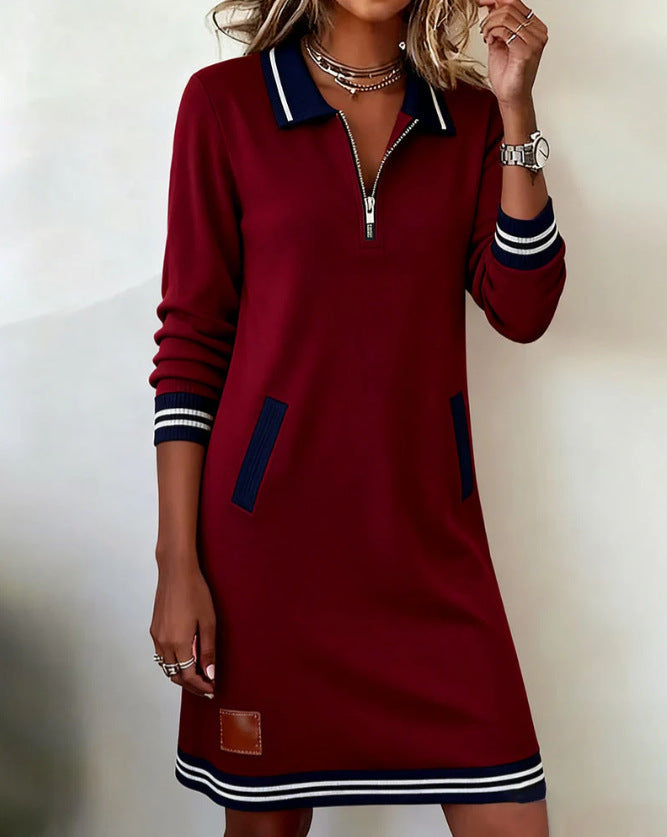 Color Block Quarter Zip Long Sleeve Sweatshirt Dress