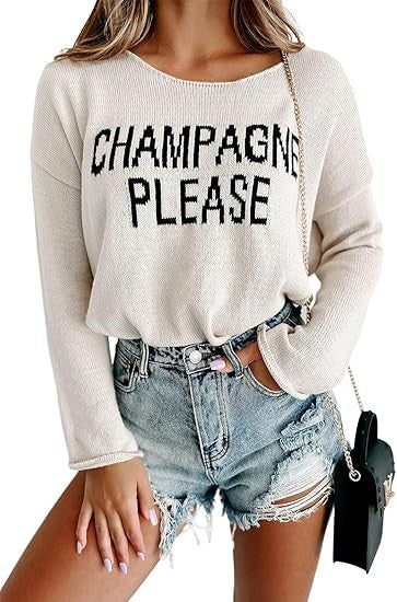 Women's Graphic Crew Neck Side Slit Knit Sweater